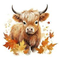 AI generated Happy cute baby highland cow in autumn leaves in the watercolor style. AI Generated photo