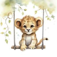 AI generated Cute happy baby lion on swings attached to the tree in watercolor style. AI Generated photo