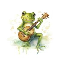 AI generated Watercolor green frog playing a tiny musical instrument on white background. AI Generated photo