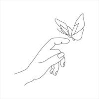 Butterfly in hand continuous One line drawing. Vector illustration of various insect forms in trendy outline style