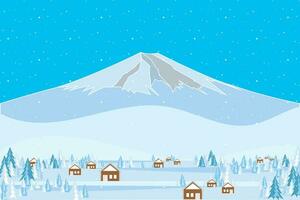 Illustration of the mountain and mini house and pine tree with snow fall. vector