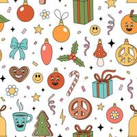 Christmas groovy elements pattern. Groovy Hippie holiday texture with Christmas objects in retro 70s style. Vector hand drawn illustration on white background.