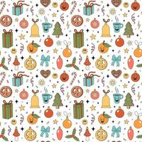 Christmas groovy elements pattern. Groovy Hippie holiday texture with Christmas objects in retro 70s style. Vector hand drawn illustration on white background.