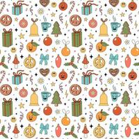 Christmas groovy elements pattern. Groovy Hippie holiday texture with Christmas objects in retro 70s style. Vector hand drawn illustration on white background.