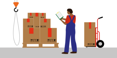 Warehouse worker checking goods in boxes. Stock taking job. Modern flat style illustration isolated png