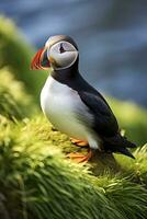 AI generated Puffin bird on a green grass patch. AI Generated photo