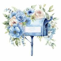 AI generated Watercolor light blue floral mailbox on a white background. AI Generated photo