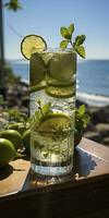 AI generated Stunning photo of cocktail mojito, a sunny summer beach in the background. Generative AI