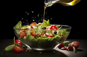 AI generated health benefits of healthy salad, in the style of precise detailing, smooth and shiny. AI Generated photo