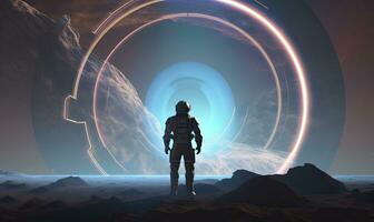 AI generated Astronaut in front of dimensional portal.  AI Generated. photo