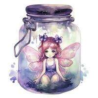 AI generated Watercolor Fantasy Pastel Goth Tiny Fairy in a Jar. AI Generated photo