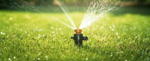 AI generated Automatic garden lawn sprinkler in action watering grass. AI Generated photo