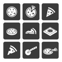 dinámica conjunto de 9 9 sencillo Pizza iconos entero, rebanada, isométrica, Pizza caja, cortador. blanco siluetas en negro antecedentes. vector diseño, ilustración en plano estilo para máximo creatividad