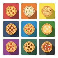 Set of 9 colorful Pizza Icon with Long Shadows. Pepperoni, Cheese, Kebab, Mushroom, Caprese, White, Neapolitan. Vector Design in Flat Style. Vibrant vector Illustration Collection