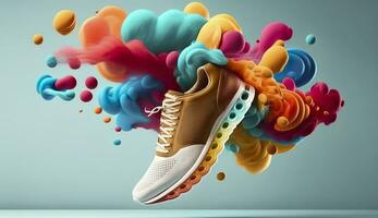 AI generated Flying trendy sneakers on creative colorful background, Stylish fashionable concept. AI Generated photo