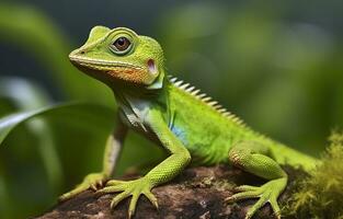 ai generado bronchocela cristatella, además conocido como el verde crestado lagarto. generativo ai foto