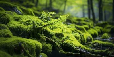 AI generated Green moss closeup, with a backdrop of woodland.  Forest in the national park. AI Generated photo