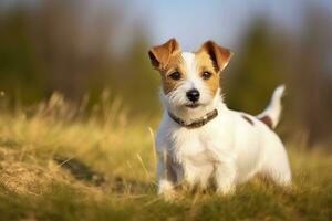 AI generated Happy jack russell terrier pet dog waiting, listening in the grass. AI Generated photo