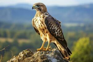 AI generated Hawk sitting on rock looking for prey. AI Generated photo