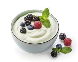 AI generated Green bowl of greek yogurt and fresh berries isolated on white background. AI Generated photo