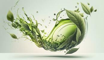 AI generated Green herbal tea wave splash with leaves flow. AI Generated photo