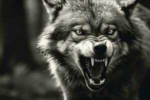 AI generated Greyscale closeup shot of an angry wolf with a blurred background. AI Generated photo