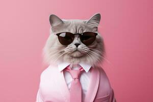 AI generated A cat is wearing sunglasses and suit on Pink Background. AI Generated photo