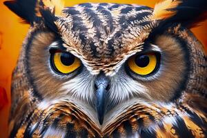 AI generated Owl headshot with closeup of face. Generative AI photo