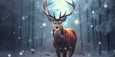 AI generated Noble deer male in the winter snow forest. Artistic winter Christmas landscape. AI Generated photo