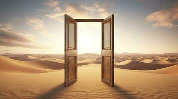 AI generated The opened door on the desert. Unknown and start up concept. AI Generated. photo