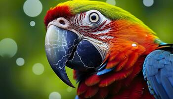 AI generated Tropical macaw perched, vibrant feathers in focus. Generative AI photo