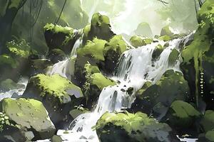 AI generated Waterfall landscape with rocks covered in green moss. AI Generated photo