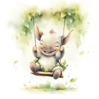 AI generated Cute happy baby rhino on swings in the tree in watercolor style. AI Generated photo