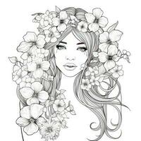 AI generated A girl on a coloring book page with Jasmine flowers. AI Generated photo