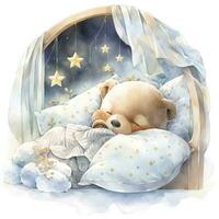 AI generated A sleepy baby bear in a bedding. watercolor illustration. AI Generated photo