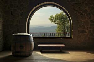 AI generated Barrel in an ancient castle beside the window. AI Generated photo