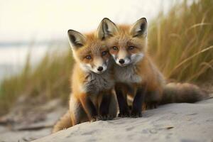 AI generated Wild baby red foxes cuddling at the beach. Generative AI photo