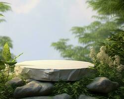 AI generated Stone product display podium for cosmetic product with green nature garden background. Generative AI photo