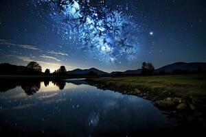 ai generado lechoso camino reflejado en lago. ai generado foto