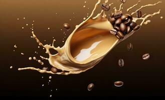 AI generated hot liquid coffee splash with Coffee Bean falling, 3d illustration. AI Generated photo