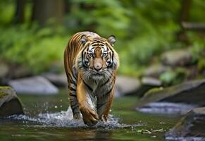 AI generated Amur tiger walking in the water. Dangerous animal.  Animal in a green forest stream. Generative AI photo