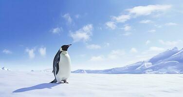 AI generated Penguin standing in Antarctica looking into the blue sky. AI Generated photo