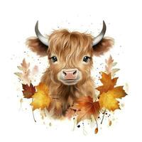 AI generated Happy cute baby highland cow in autumn leaves in the watercolor style. AI Generated photo