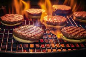 AI generated Hamburgers on the grill. AI Generated photo