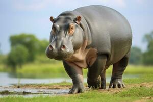 AI generated Hippopotamus Walking in a green field. AI Generated photo