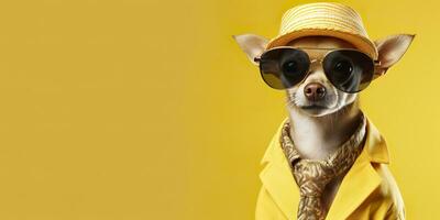 ai generado frio mirando chihuahua perro vistiendo miedoso Moda vestido. espacio para texto Derecha lado. generativo ai foto