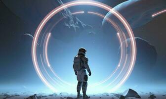 AI generated Astronaut in front of dimensional portal.  AI Generated. photo