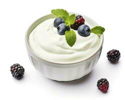 AI generated Green bowl of greek yogurt and fresh berries isolated on white background. AI Generated photo