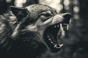 AI generated Greyscale closeup shot of an angry wolf with a blurred background. AI Generated photo