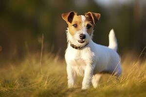 AI generated Happy jack russell terrier pet dog waiting, listening in the grass. AI Generated photo